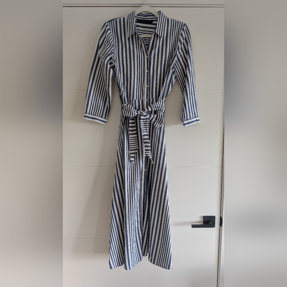 Striped Blue and White Button-Front Shirt Dress with Tie Waist